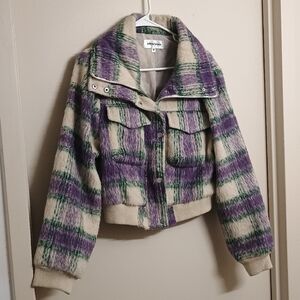 Vigoss Plaid Teddy Cropped Jacket in Purple, Green and Cream